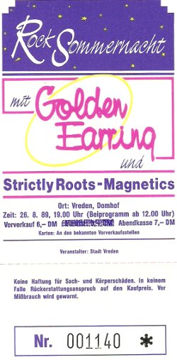Golden Earring show ticket August 26 1989 Rock Sommer nacht concert Vreden (Germany) - Open Air Domhof